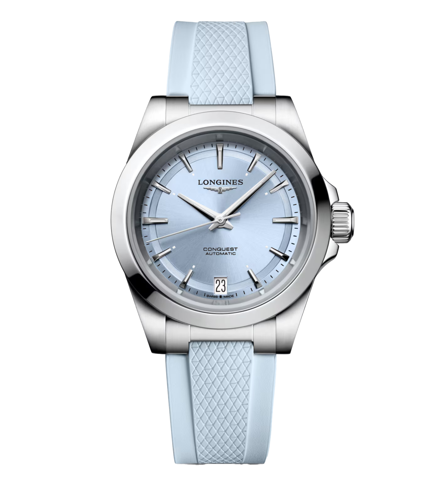 Longines Conquest 34mm Watch with Baby Blue Rubber Strap and Dial