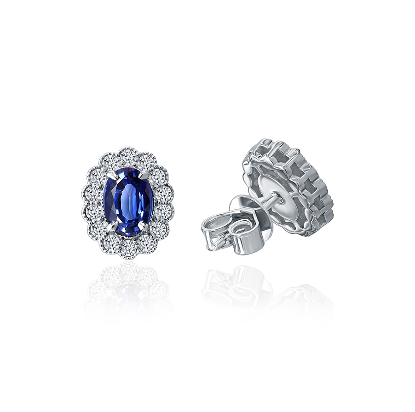 Sabel Collection White Gold Oval Blue Sapphire and Diamond Halo Earrings