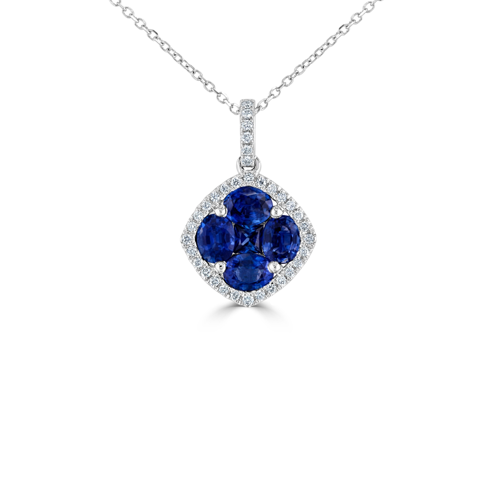 White Gold Blue Sapphire Cluster and Diamond Drop Pendant Necklace