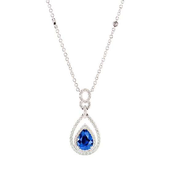 18K Blue Sapphire and Diamond Double Halo Drop Pendant