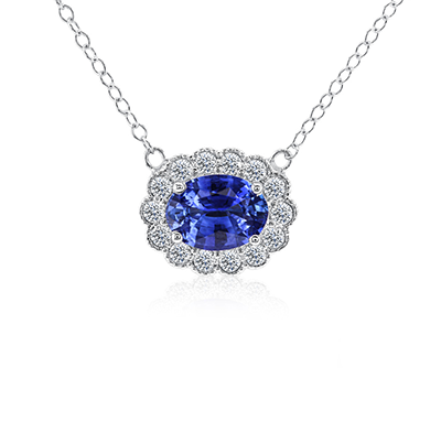 Sabel Collection White Gold Oval Blue Sapphire and Diamond Milgrain Pendant