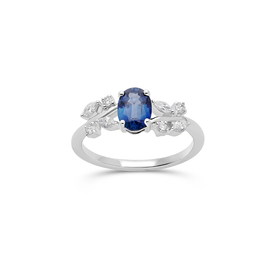 Sabel Collection White Gold Blue Sapphire and Diamond Floral Ring
