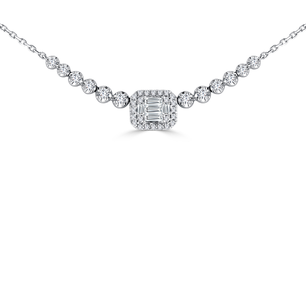 Baguette and Round Diamond Curved Bar Necklace in White Gold
