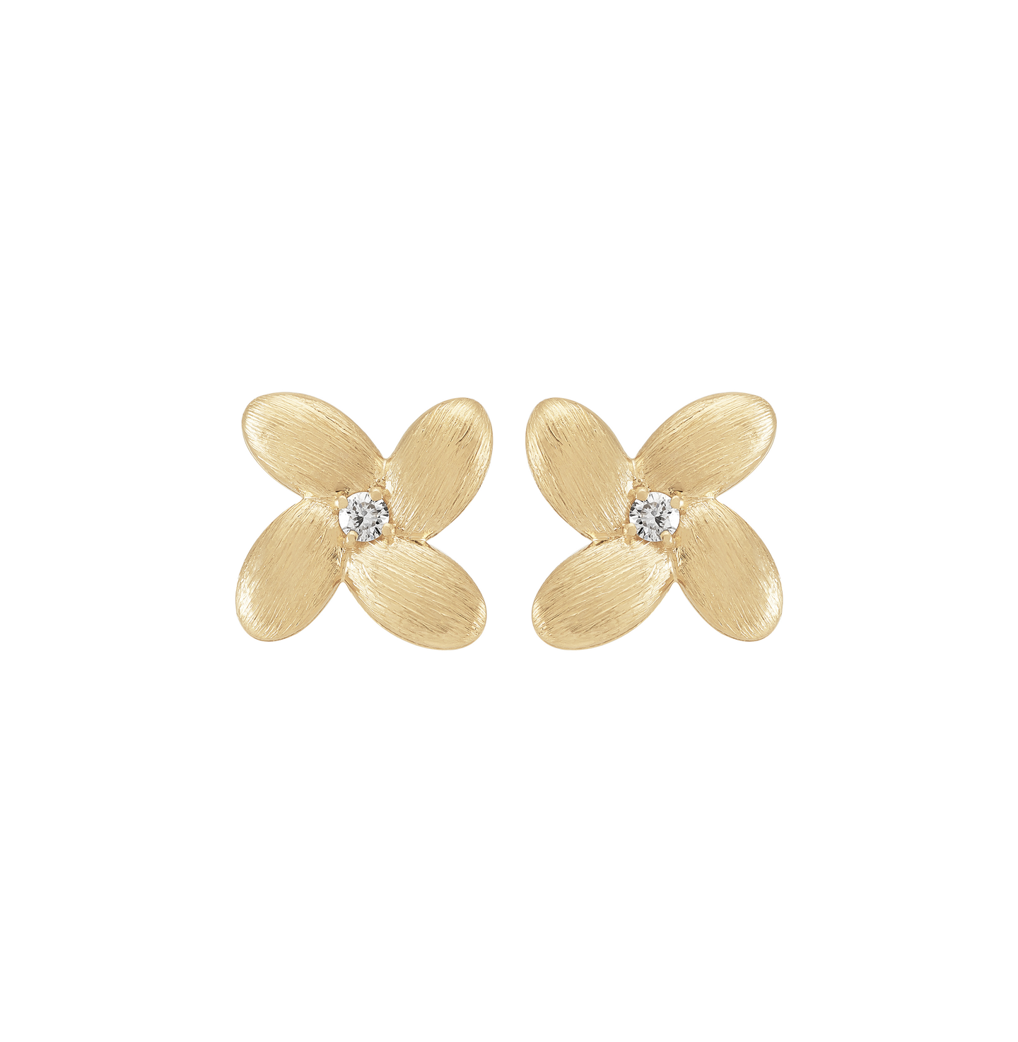 Sabel Collection Yellow Gold Satin Flower Stud Earrings with Diamonds
