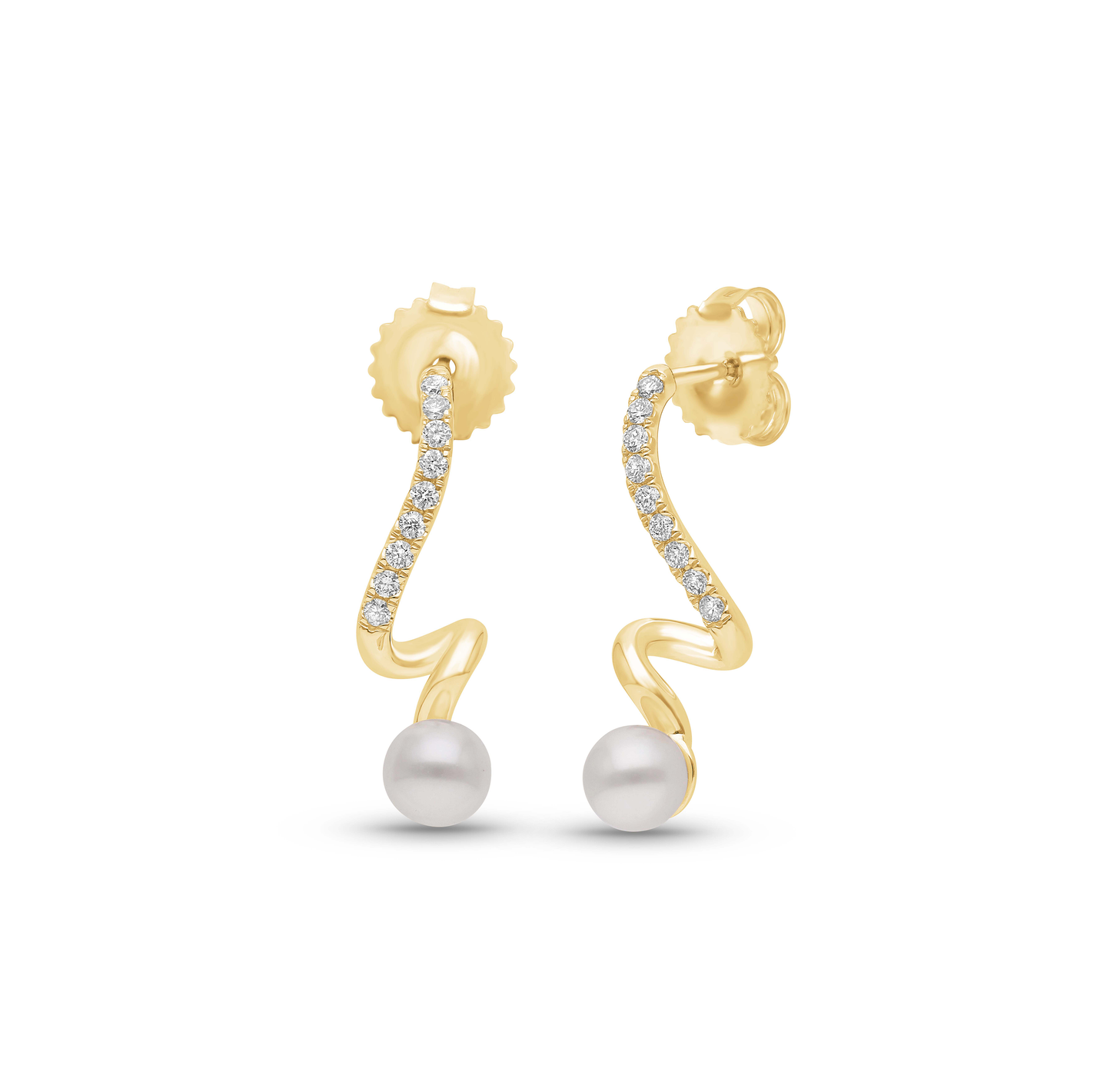 Yellow Gold Diamond Swirl and Pearl Drop Earrings