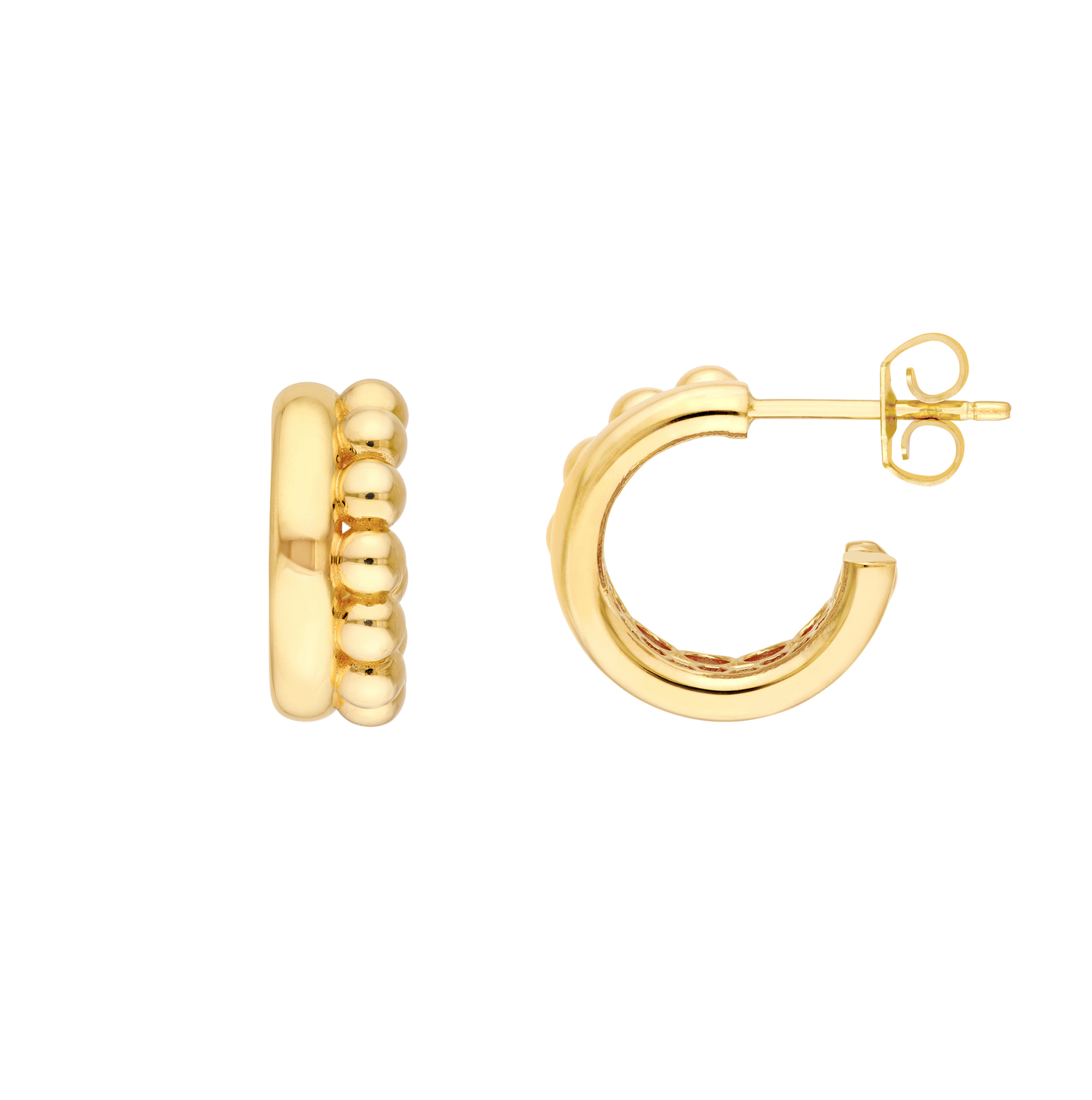 Sabel Collection Yellow Gold Beaded and Polished Huggie Hoop Earrings