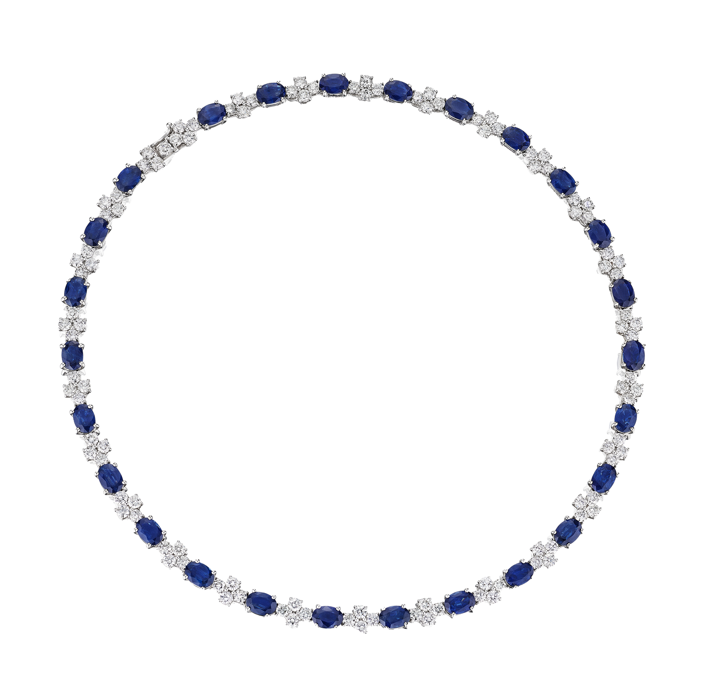 Sabel Collection White Gold Alternating Blue Sapphire and Diamond Cluster Necklace