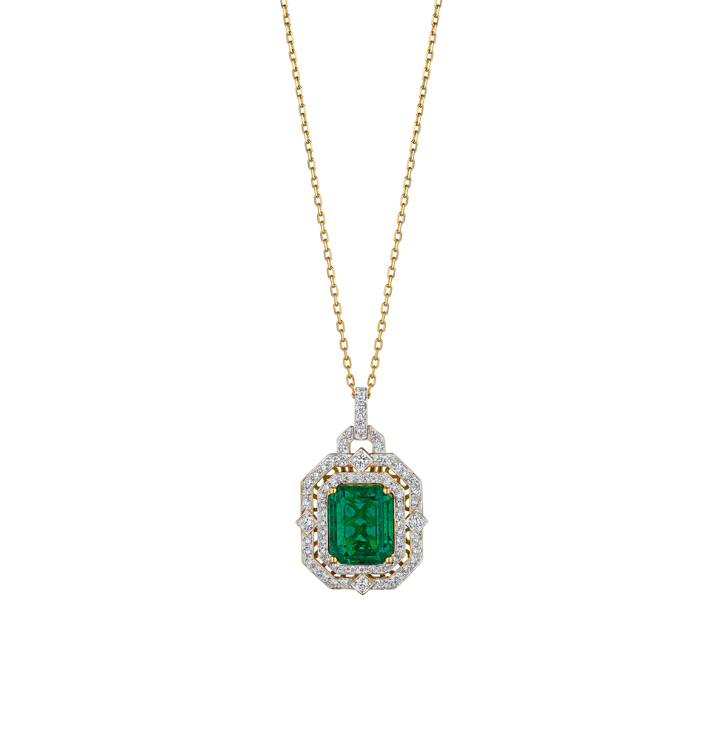Sabel Collection Octagon Emerald and Diamond Double Halo Pendant