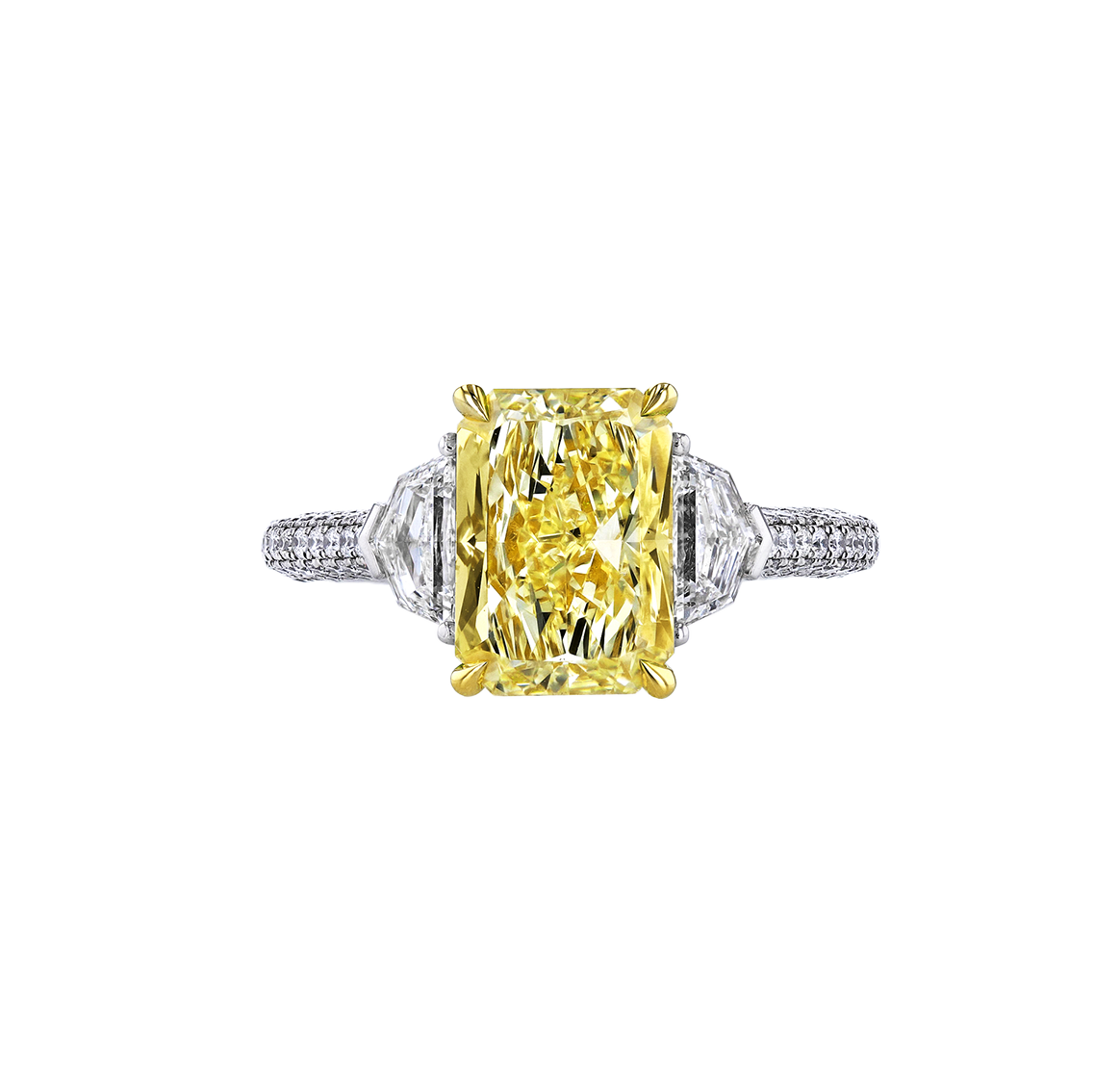 Fink's Exclusive Fancy Yellow Radiant Cut Diamond Engagement Ring with Diamond Pave Shank
