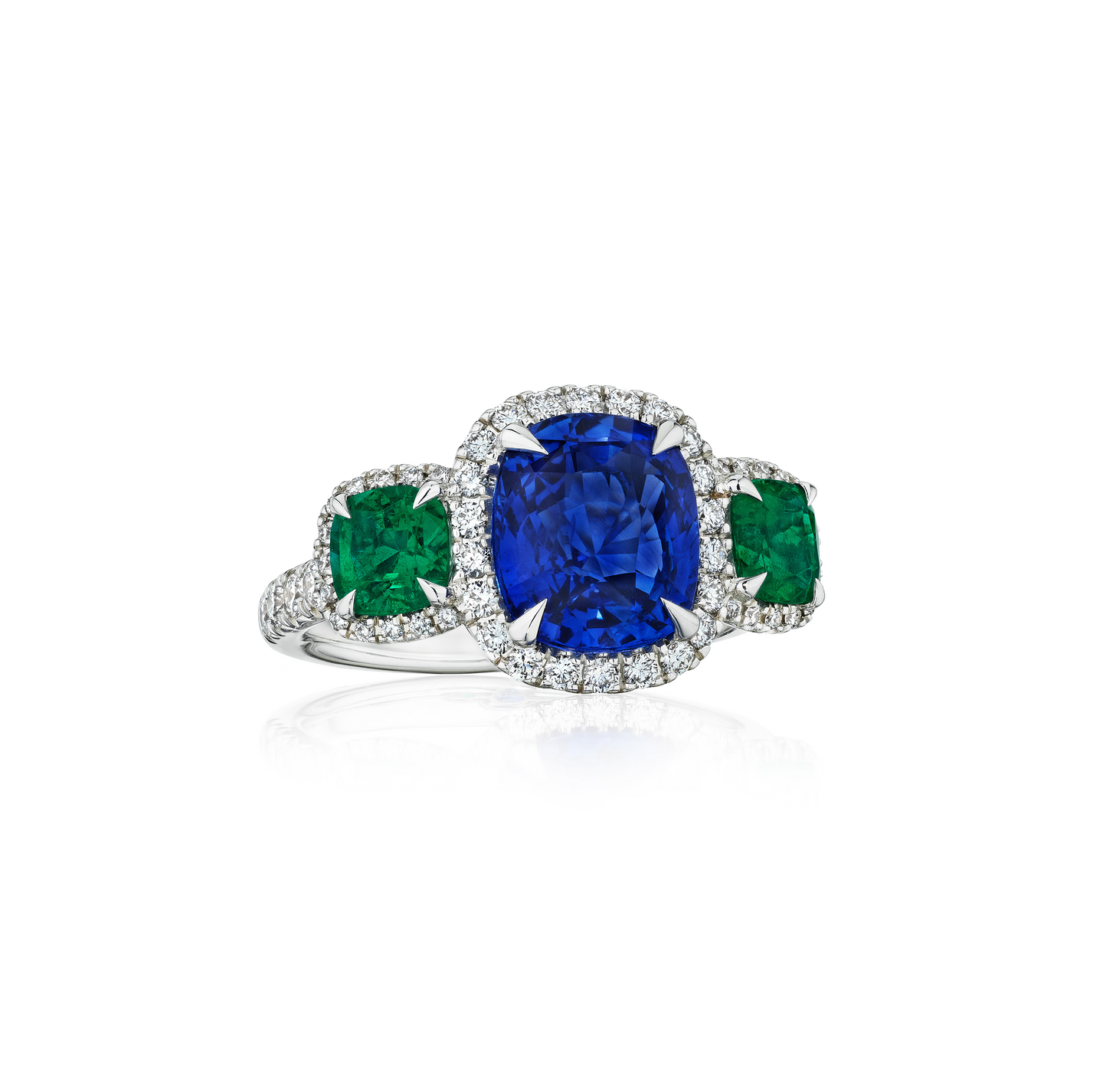Sabel Collection Cushion Blue Sapphire and Emerald Ring with Diamonds