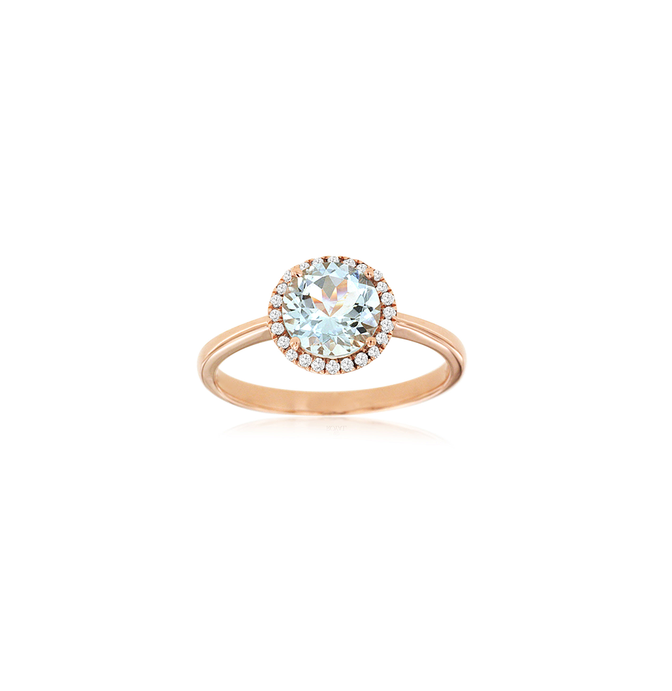 Sabel Collection Rose Gold Round Aquamarine and Diamond Halo Ring