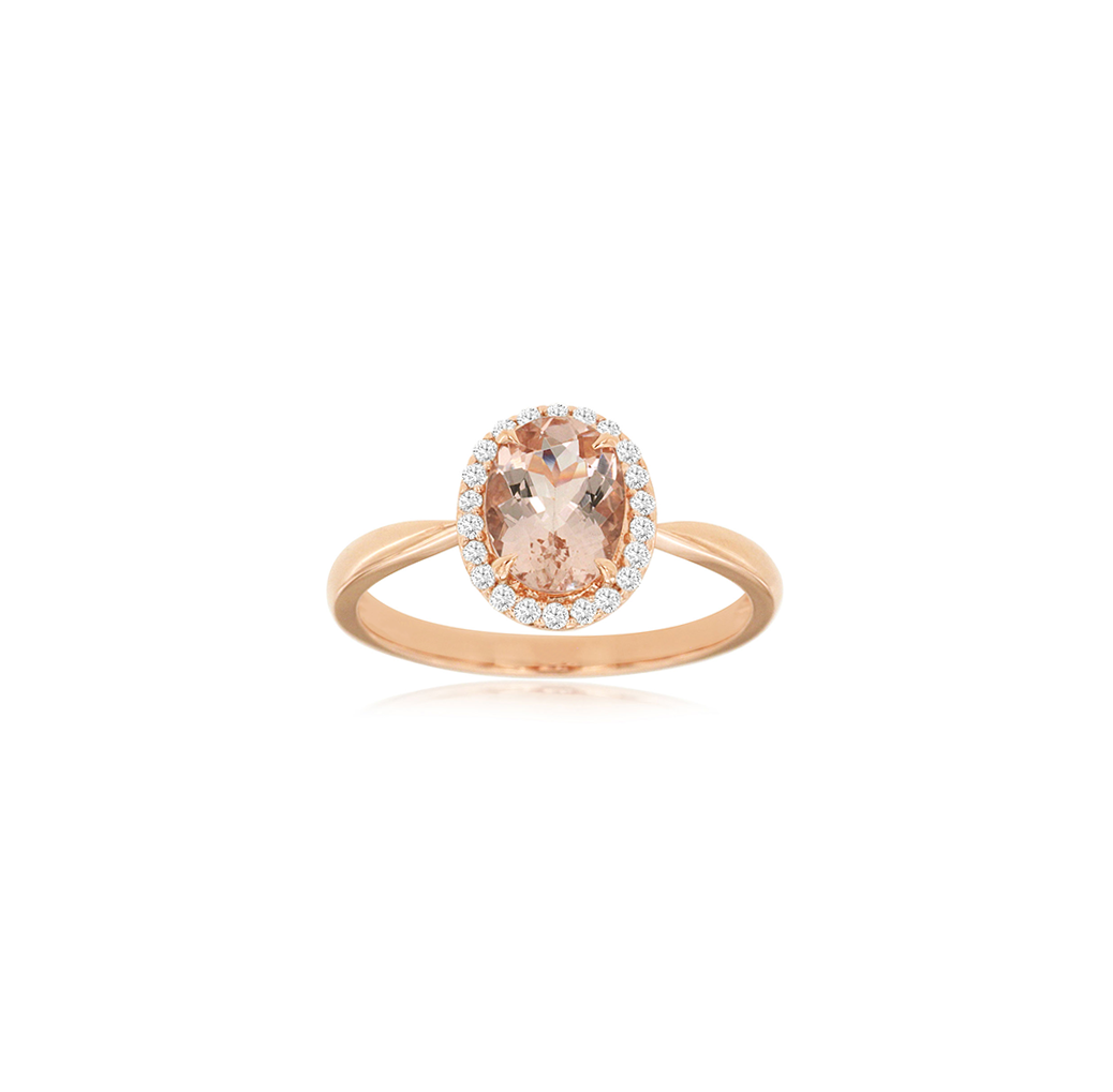 Sabel Collection Rose Gold Oval Morganite and Round Diamond Halo Ring