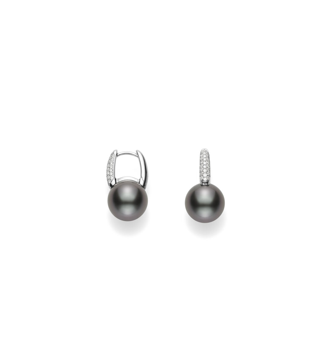 Mikimoto Classic White Gold Black South Sea Pearl and Drop Earrings with Diamonds