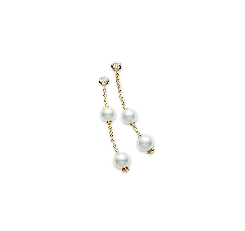 Mikimoto Pearls in Motion Diamond and Pearl Dangle Earrings in Yellow Gold
