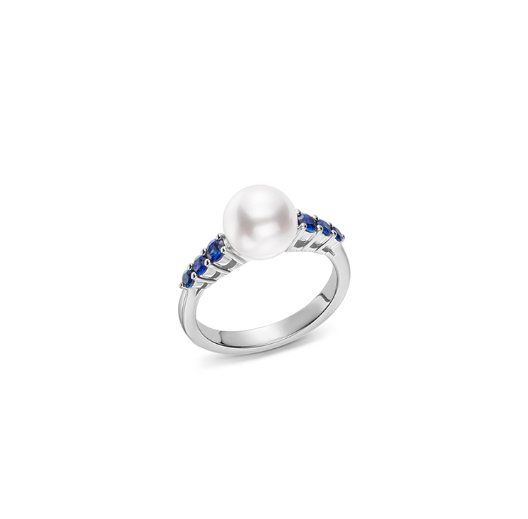 Mikimoto White Gold Akoya Pearl and Sapphire Ring