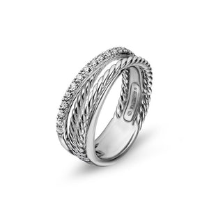 Crossover Band Ring in Sterling Silver with Diamonds, 6.8mm