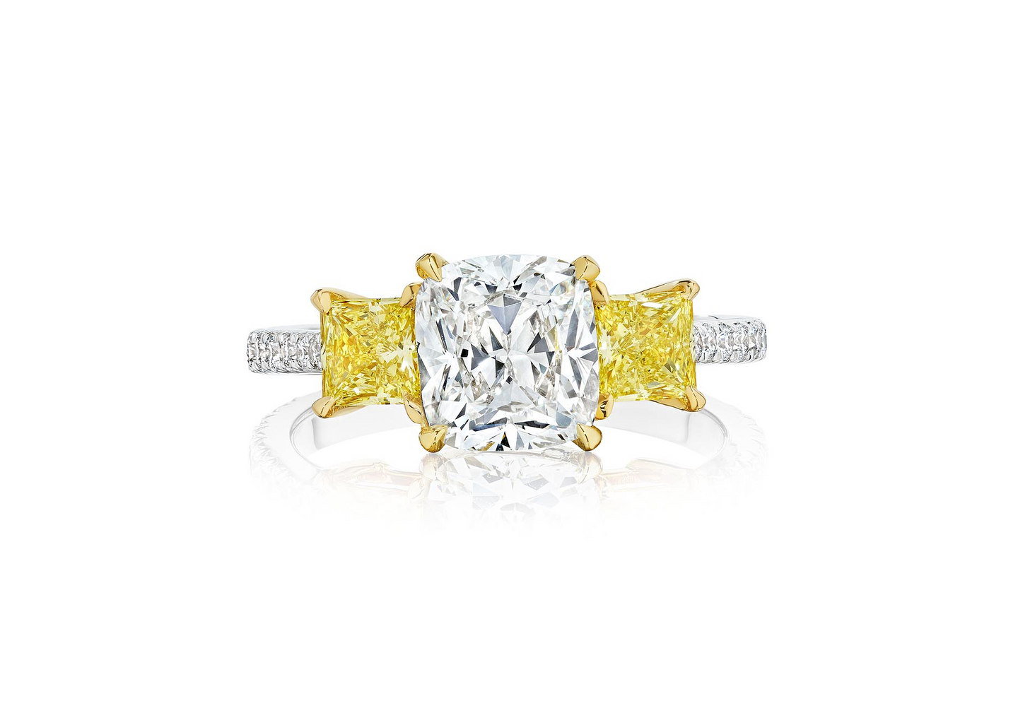 Fink's Exclusive White and Yellow Gold Cushion Diamond Engagement Ring with Fancy Yellow Diamond Accents