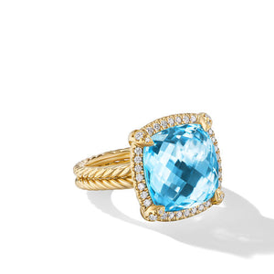 Chatelaine Pavé Bezel Ring in 18K Yellow Gold with Blue Topaz and Diamonds, 14mm