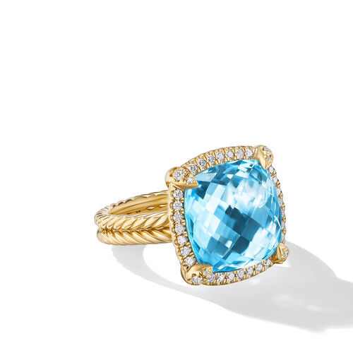 Chatelaine Pavé Bezel Ring in 18K Yellow Gold with Blue Topaz and Diamonds, 14mm