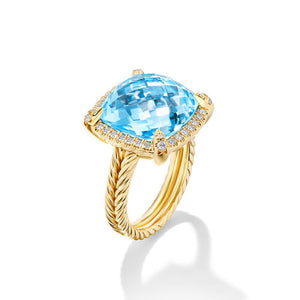 Chatelaine Pavé Bezel Ring in 18K Yellow Gold with Blue Topaz and Diamonds, 14mm