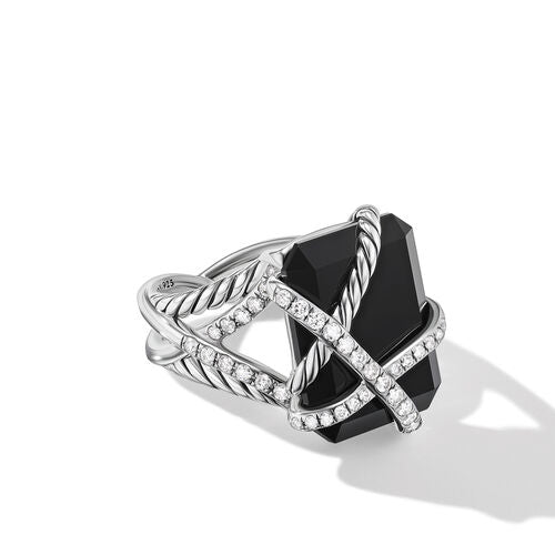 Cable Wrap Ring in Sterling Silver with Black Onyx and Diamonds