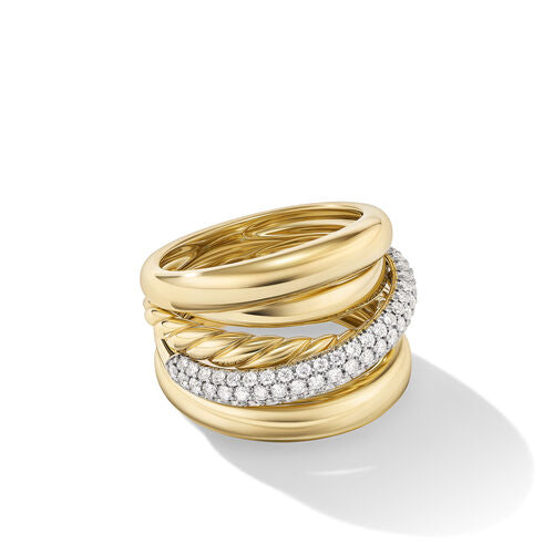 Pavé Crossover Five Row Ring in 18K Yellow Gold with Diamonds, Size 7
