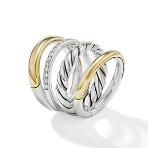 DY Mercer Multi Row Ring in Sterling Silver with 18K Yellow Gold and Pavé Diamonds, Size 6