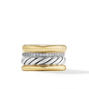 DY Mercer Multi Row Ring in Sterling Silver with 18K Yellow Gold and Pavé Diamonds, Size 6