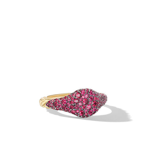 Petite Pavé Pinky Ring in 18K Yellow Gold with Red Rubies, Size 3.5
