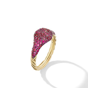 Petite Pavé Pinky Ring in 18K Yellow Gold with Red Rubies, Size 4