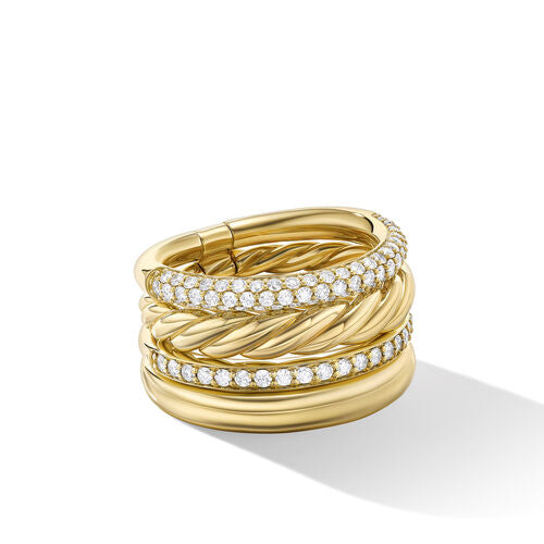 DY Mercer Multi Row Ring in 18K Yellow Gold with Pavé Diamonds, Size 7