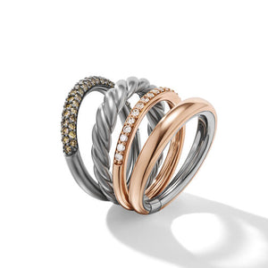 DY Mercer Melange Multi Row Ring in Sterling Silver with 18K Rose Gold and Pavé Diamonds, Size 7