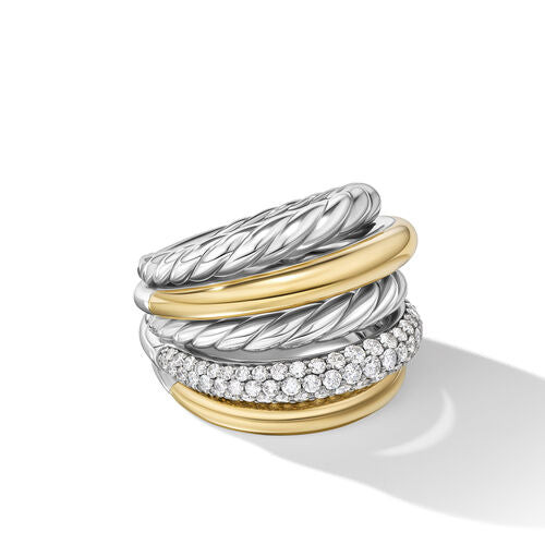 DY Mercer Multi Row Ring in Sterling Silver with 18K Yellow Gold and Diamonds, Size 7