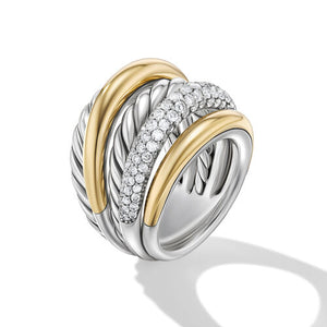 DY Mercer Multi Row Ring in Sterling Silver with 18K Yellow Gold and Diamonds, Size 9