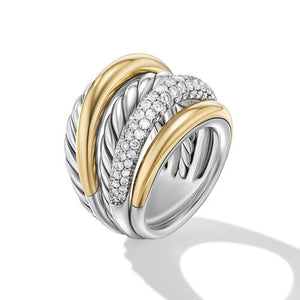 DY Mercer Multi Row Ring in Sterling Silver with 18K Yellow Gold and Diamonds, Size 7