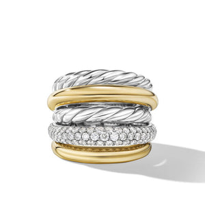 DY Mercer Multi Row Ring in Sterling Silver with 18K Yellow Gold and Diamonds, Size 7
