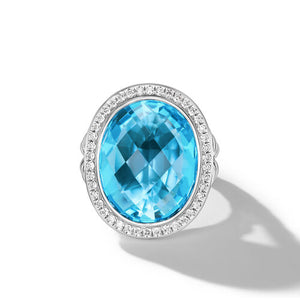 Albion Oval Ring in Sterling Silver with Blue Topaz and Diamonds, 21mm