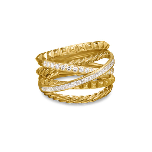 Crossover Trio Six Row Ring in 18K Yellow Gold with Diamonds, 17.5mm, Size 7