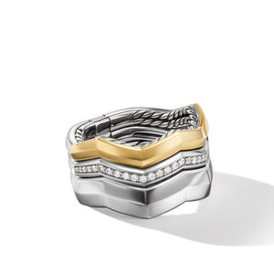 Zig Zag Stax Three Row Ring in Sterling Silver with 18K Yellow Gold and Diamonds, Size 7