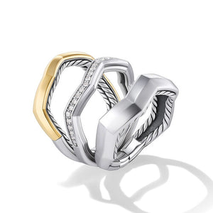 Zig Zag Stax Three Row Ring in Sterling Silver with 18K Yellow Gold and Diamonds, Size 7