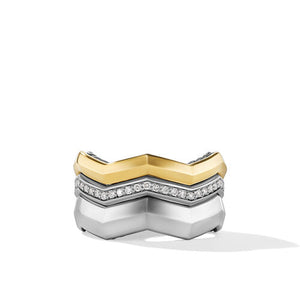 Zig Zag Stax Three Row Ring in Sterling Silver with 18K Yellow Gold and Diamonds, Size 7