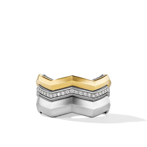 Zig Zag Stax Three Row Ring in Sterling Silver with 18K Yellow Gold and Diamonds, Size 7