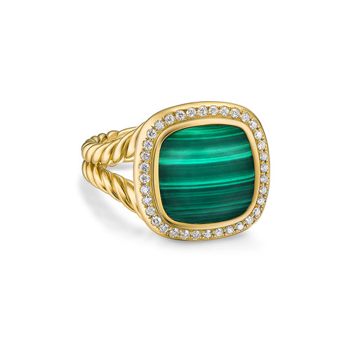 Albion Ring in 18K Yellow Gold with Malachite and Diamonds, 11mm, Size 6