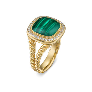 Albion Ring in 18K Yellow Gold with Malachite and Diamonds, 11mm, Size 6