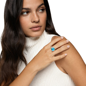 Albion Ring in Sterling Silver with Blue Topaz and Diamonds, 11mm, Size 7