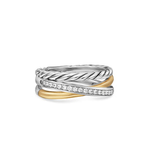 Crossover Three Row Ring in Sterling Silver with 18K Yellow Gold and Diamonds, 7mm, Size 5