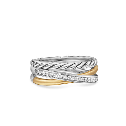 Crossover Three Row Ring in Sterling Silver with 18K Yellow Gold and Diamonds, 7mm, Size 5