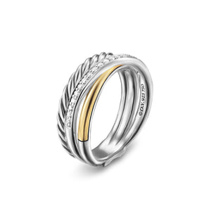 Crossover Three Row Ring in Sterling Silver with 18K Yellow Gold and Diamonds, 7mm, Size 5