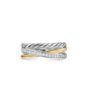 Crossover Three Row Ring in Sterling Silver with 18K Yellow Gold and Diamonds, 7mm, Size 5