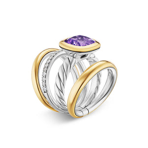 DY Mercer Four Row Stone Ring in Sterling Silver with 18K Yellow Gold, Amethyst and Diamonds, 14mm